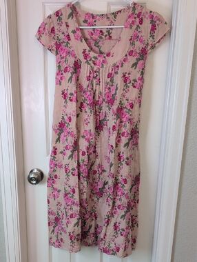 Talia Benson 100% Linen Floral Cream and Pink Cap-Sleeve Cottagecore Dress